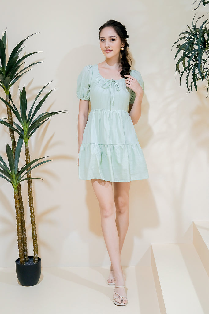 Callie Puffy Sleeves Tier Dress Romper - Seafoam Green [XS/S/M/L/XL]