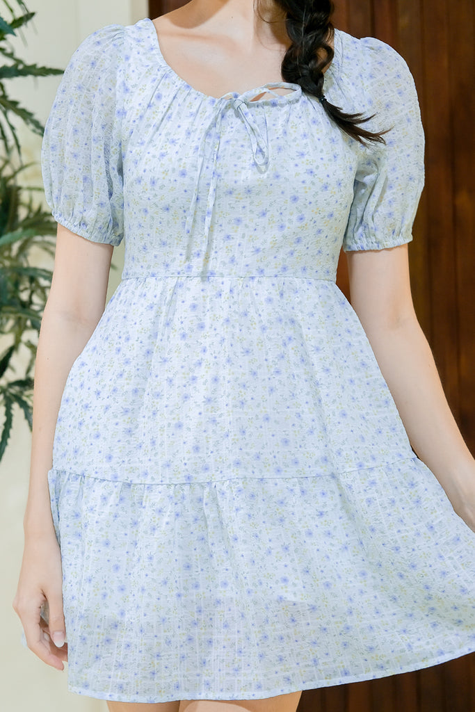 Callie Puffy Sleeves Tier Dress Romper - Blue Floral [XS/S/M/L/XL]