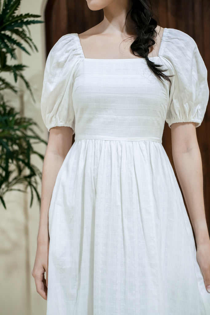 Dania Grid Puffy Sleeves Tie Back Midi - White [XS/S/M/L/XL]