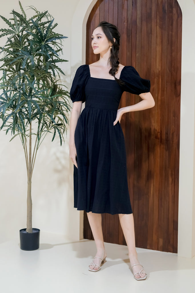 Dania Grid Puffy Sleeves Tie Back Midi Dress - Black [XS/S/M/L/XL]