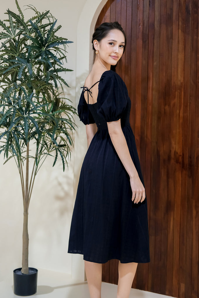 Dania Grid Puffy Sleeves Tie Back Midi Dress - Black [XS/S/M/L/XL]
