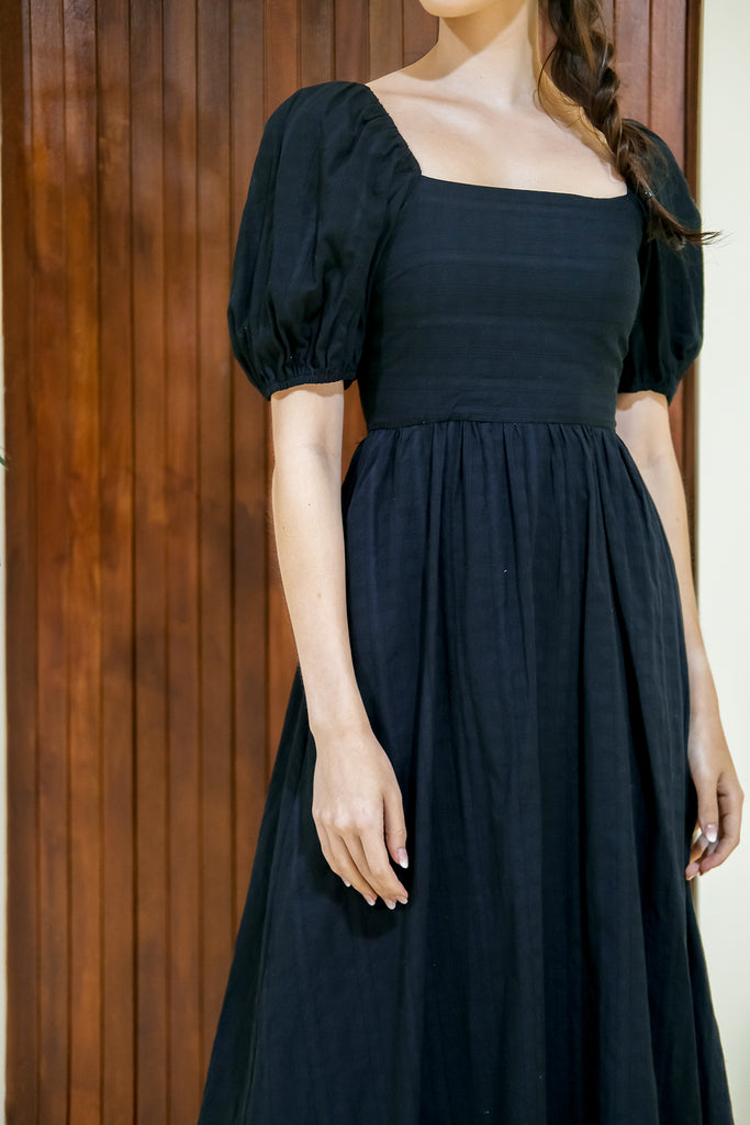 Dania Grid Puffy Sleeves Tie Back Midi Dress - Black [XS/S/M/L/XL]