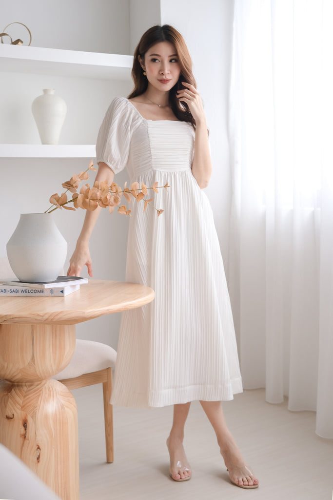 Demure Ruched Puffy Sleeves Midaxi - White [XS/S/M/L/XL/XXL]