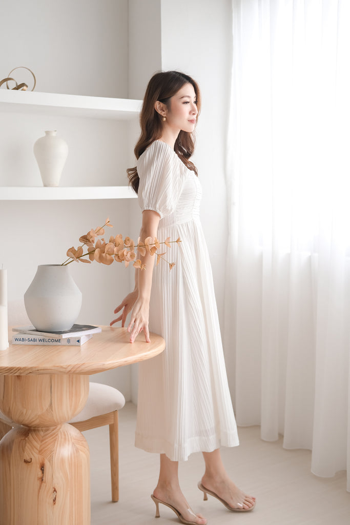 Demure Ruched Puffy Sleeves Midaxi - White [XS/S/M/L/XL/XXL]