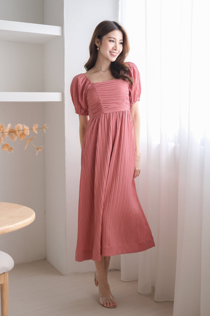 Demure Ruched Puffy Sleeves Midaxi - Rosewood [XS/S/M/L/XL/XXL]