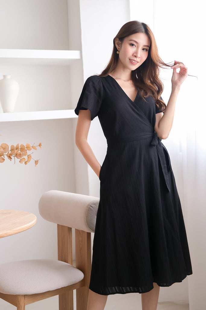 Chelsey Lattice Eyelet Wrap Dress - Black [XS/S/M/L/XL]