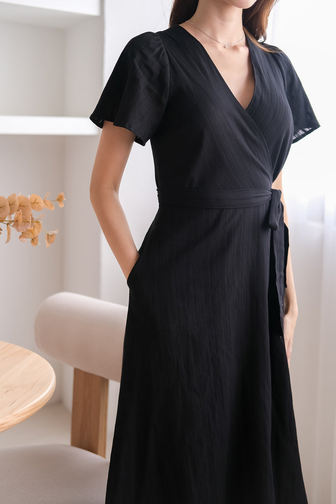 Chelsey Lattice Eyelet Wrap Dress - Black [XS/S/M/L/XL]