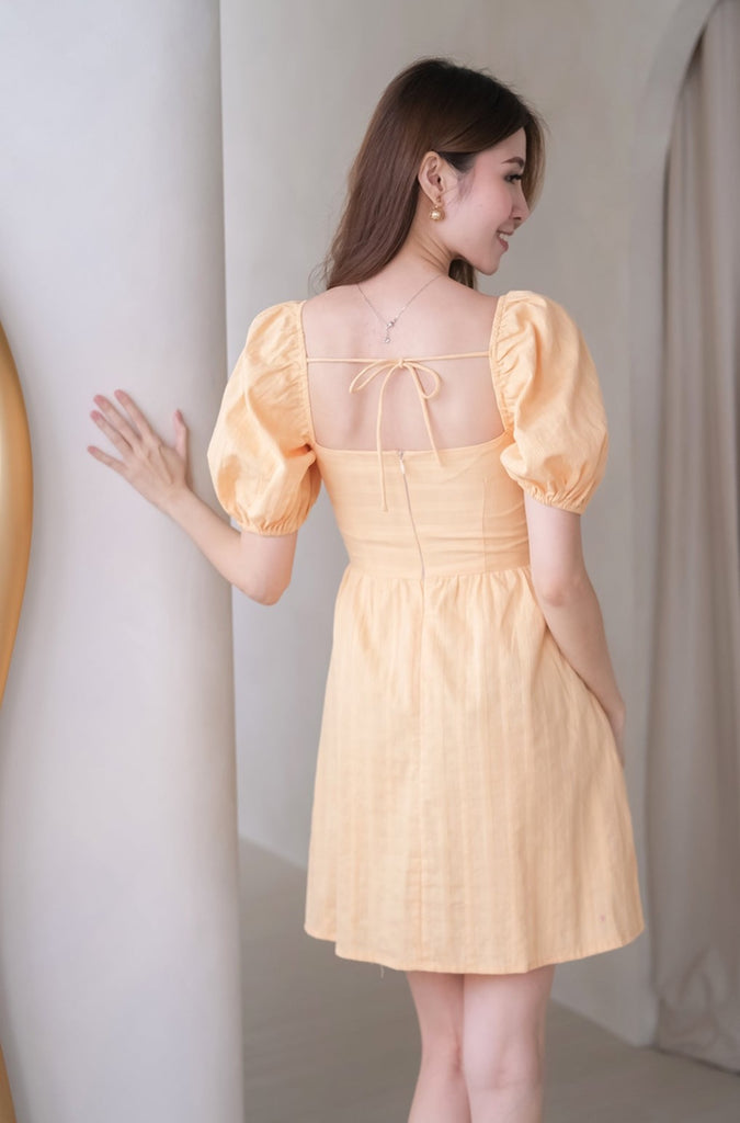 Tanya Grid Puffy Sleeves Tie Back Dress Romper - Buttermilk [XS/S/M/L/XL]