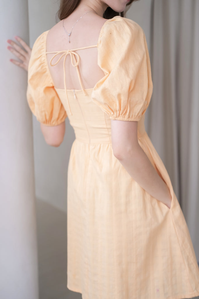 Tanya Grid Puffy Sleeves Tie Back Dress Romper - Buttermilk [XS/S/M/L/XL]