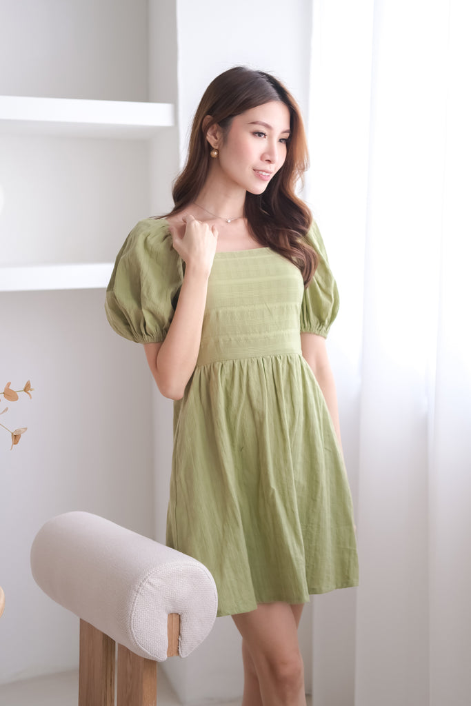 Tanya Grid Puffy Sleeves Tie Back Dress Romper - Moss Green [XS/S/M/L/XL]