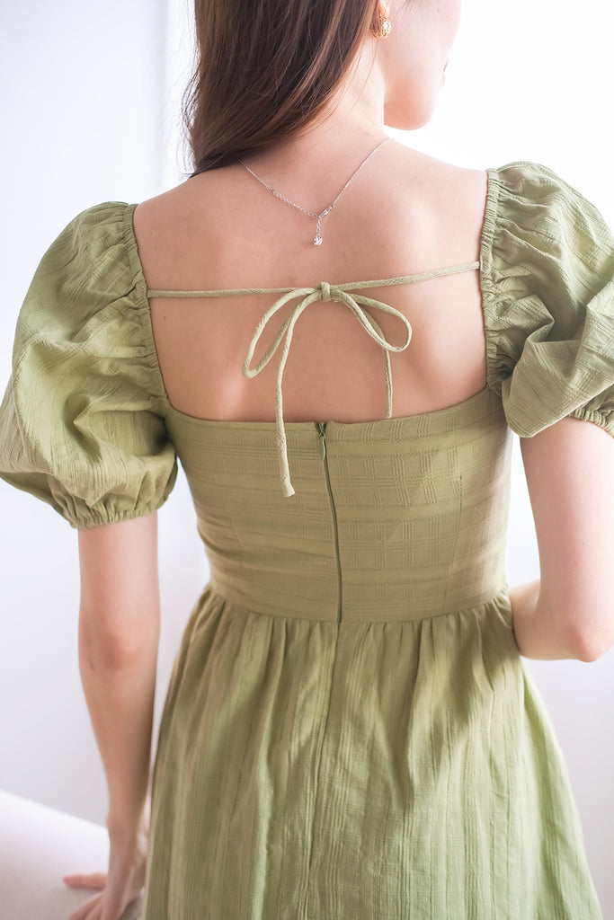 Tanya Grid Puffy Sleeves Tie Back Dress Romper - Moss Green [XS/S/M/L/XL]