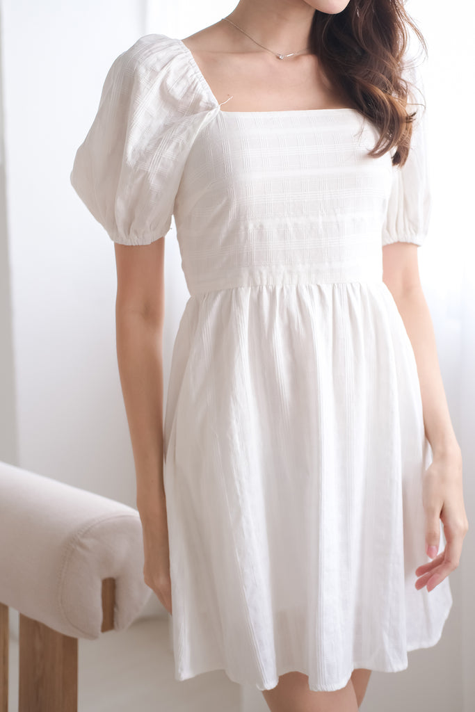Tanya Grid Puffy Sleeves Tie Back Dress Romper - White [XS/S/M/L/XL]