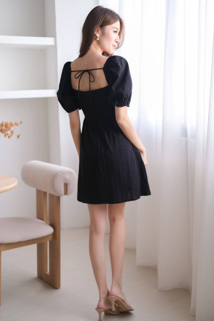 Tanya Grid Puffy Sleeves Tie Back Dress Romper - Black [XS/S/M/L/XL]