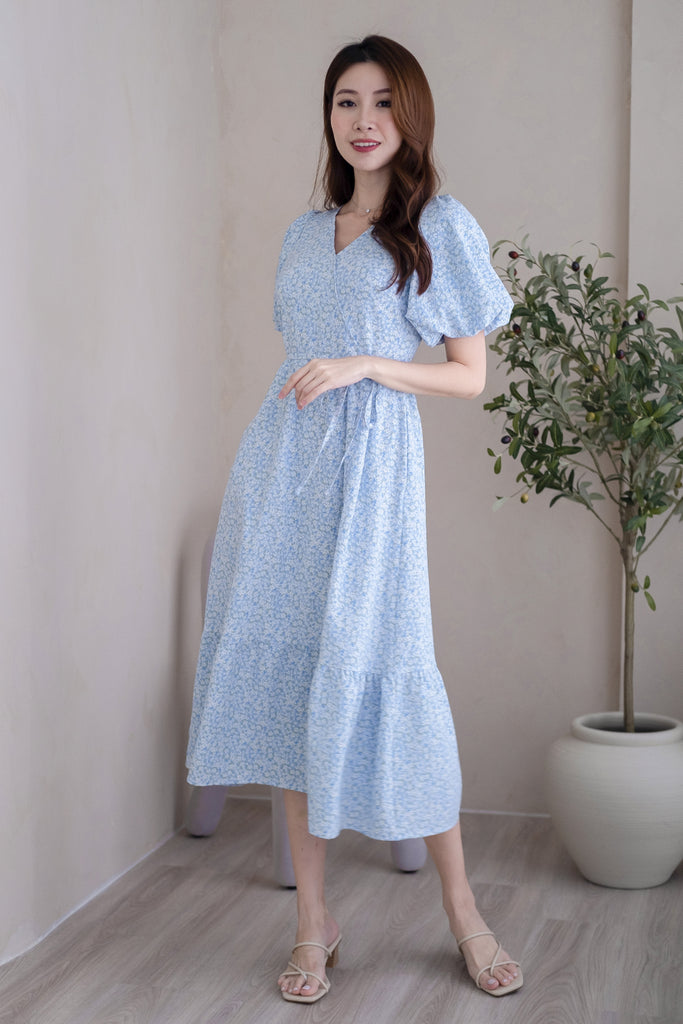 Krisna Puffy Sleeves Ruffle Hem Maxi - Blue Floral [XS/S/M/L/XL]