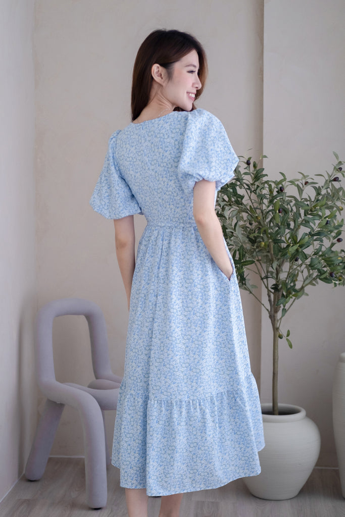 Krisna Puffy Sleeves Ruffle Hem Maxi - Blue Floral [XS/S/M/L/XL]