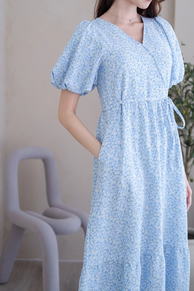 Krisna Puffy Sleeves Ruffle Hem Maxi - Blue Floral [XS/S/M/L/XL]
