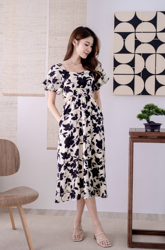 Devonne Textured Puffy Sleeves Cut-out Midi - Floral [XS/S/M/L/XL]