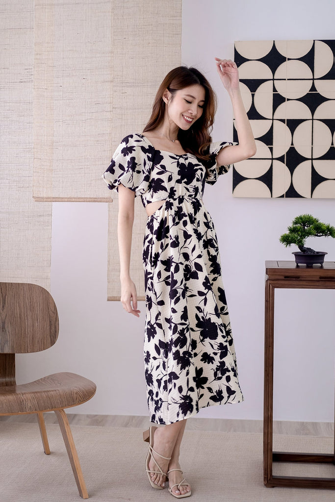 Devonne Textured Puffy Sleeves Cut-out Midi - Floral [XS/S/M/L/XL]