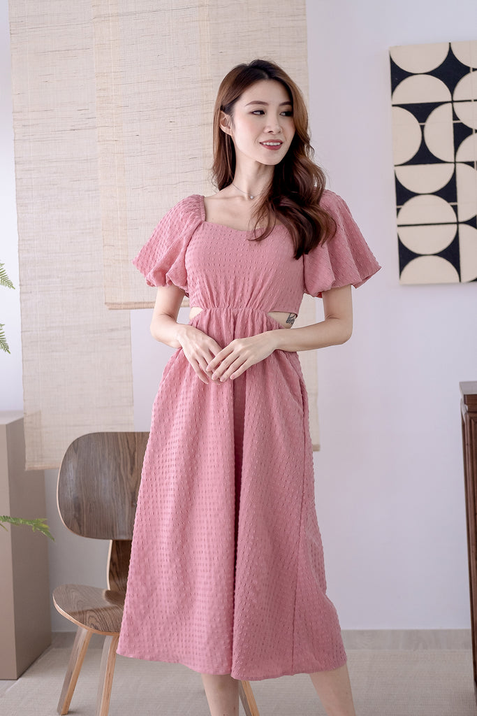 Devonne Textured Puffy Sleeves Cut-out Midi - Pink [XS/S/M/L/XL]
