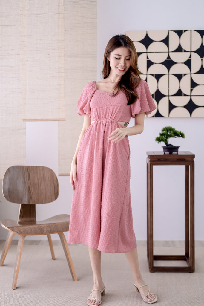Devonne Textured Puffy Sleeves Cut-out Midi - Pink [XS/S/M/L/XL]