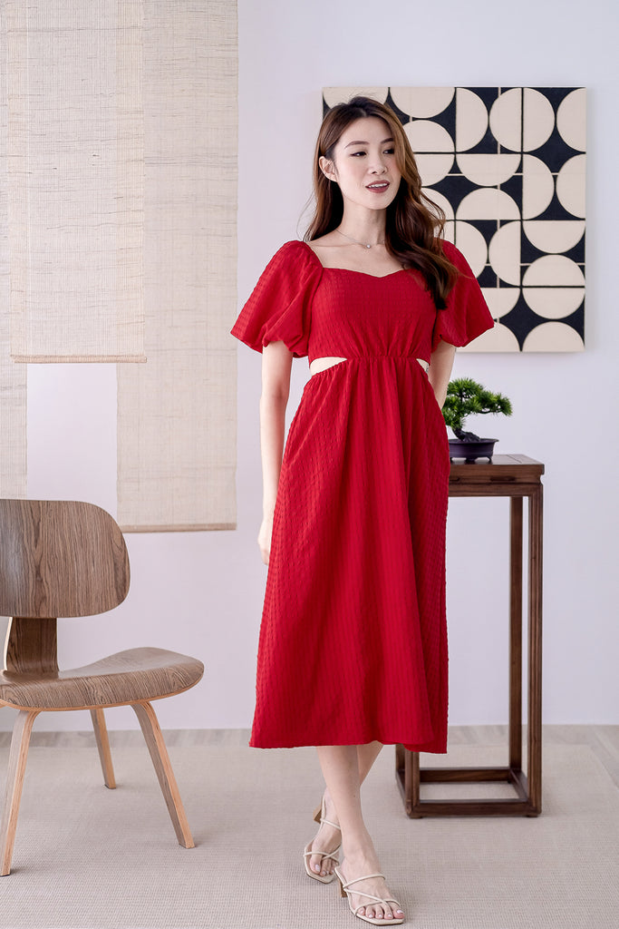 Devonne Textured Puffy Sleeves Cut-out Midi - Red [XS/S/M/L/XL]
