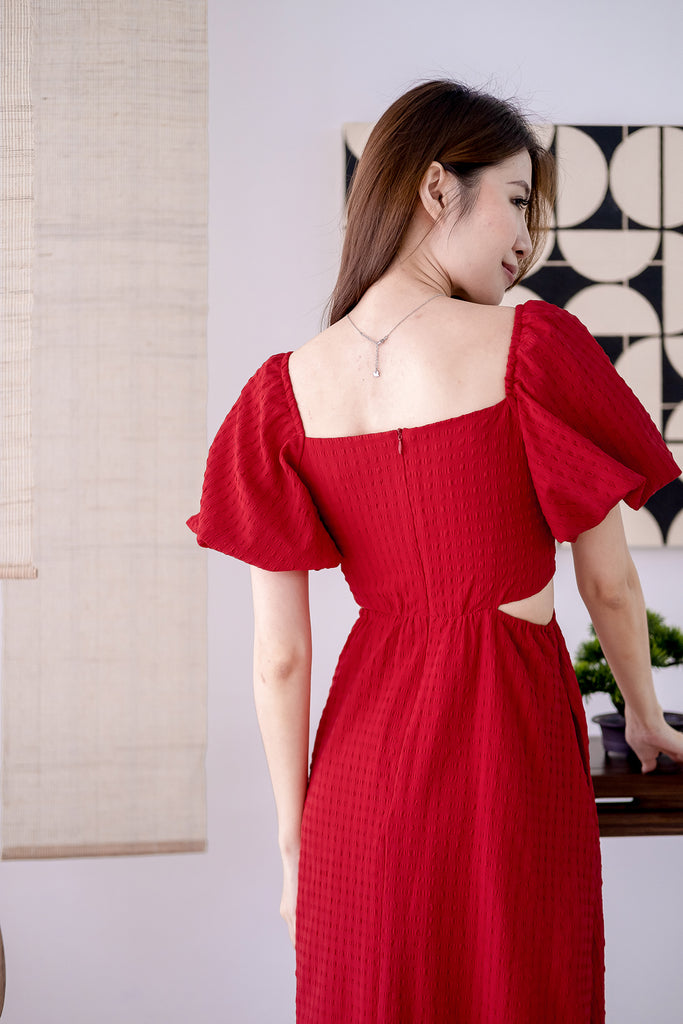 Devonne Textured Puffy Sleeves Cut-out Midi - Red [XS/S/M/L/XL]