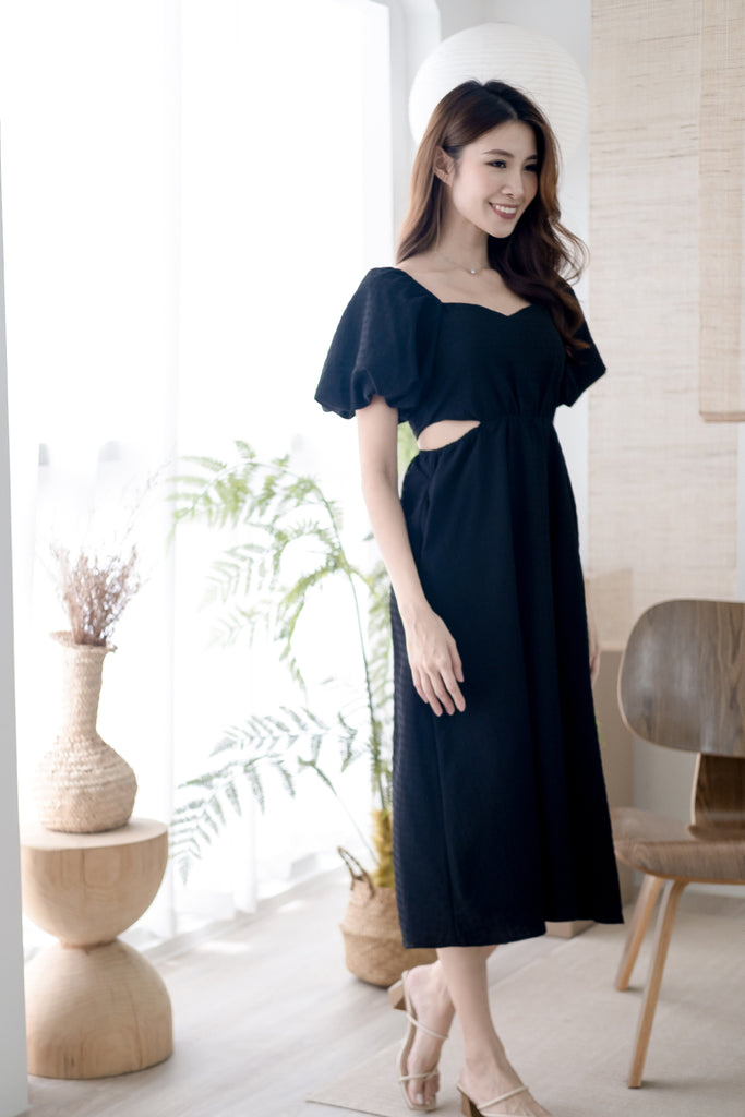 Devonne Textured Puffy Sleeves Cut-out Midi - Black [XS/S/M/L/XL]
