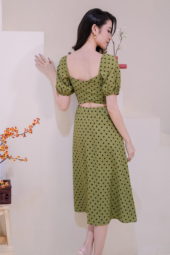 Berlin Back Cut-Out Midi Dress - Green Polka Dot [XS/S/M/L/XL]