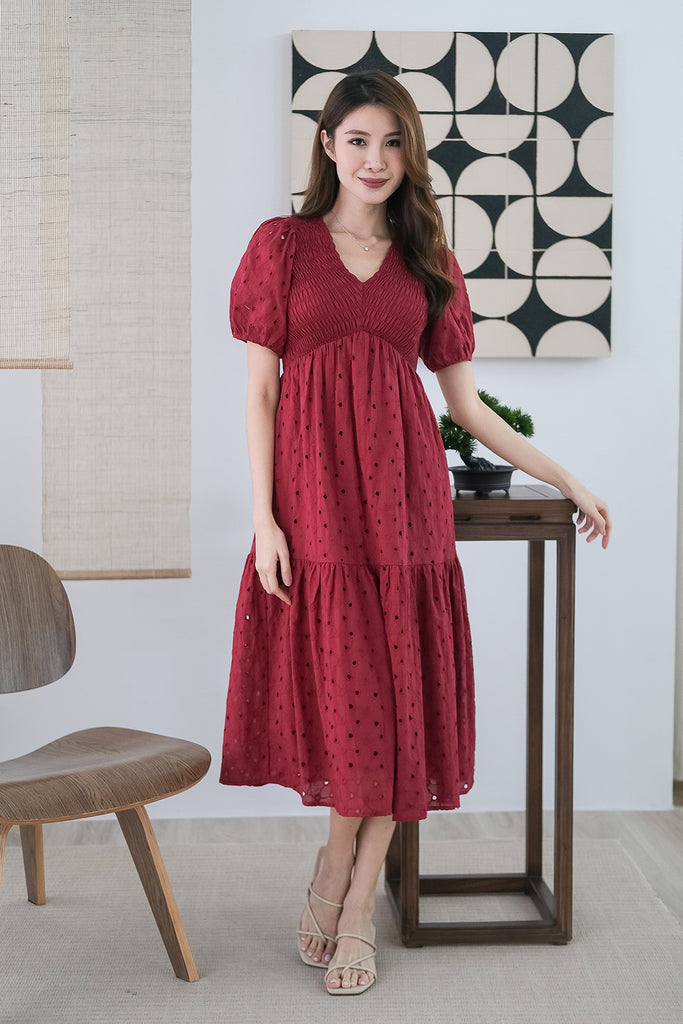 Chantilly Eyelet Smocked Midi - Wine [XS/S/M/L/XL]