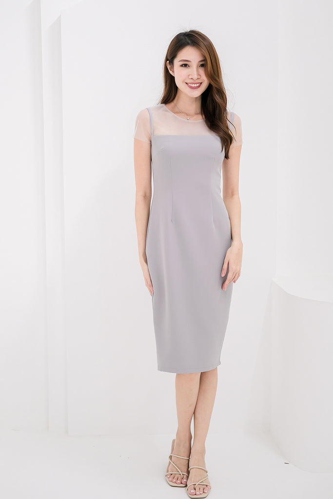 Zanelle Mesh Detachable Peplum Belt Dress - Ice Grey [XS/S/M/L/XL]