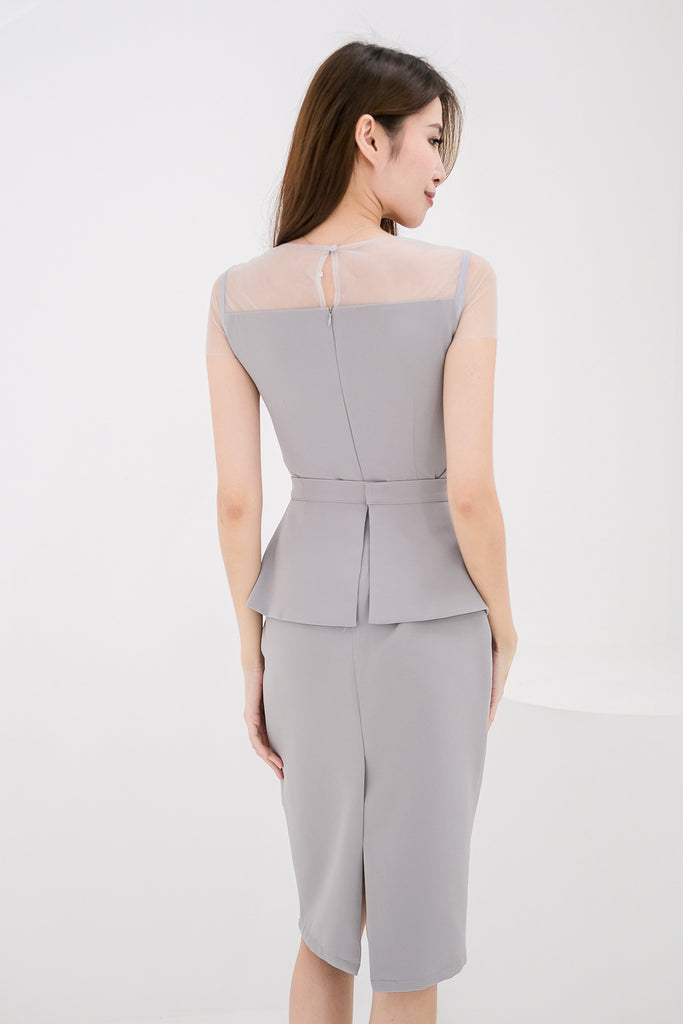 Zanelle Mesh Detachable Peplum Belt Dress - Ice Grey [XS/S/M/L/XL]