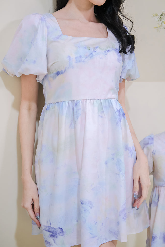 Monet Garden Puffy Sleeves Dress Romper - Blue [XS/S/M/L/XL]