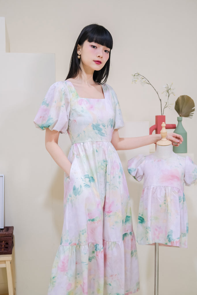 Monet's Garden Puffy Sleeves Maxi Dress - Pink [XS/S/M/L/XL]