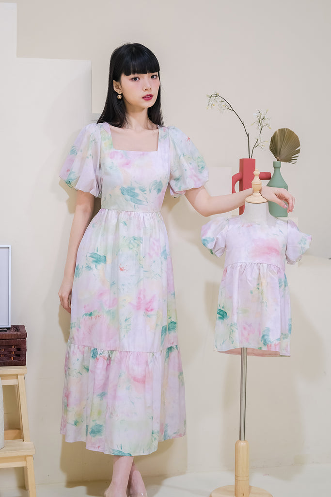 Monet's Garden Puffy Sleeves Maxi Dress - Pink [XS/S/M/L/XL]