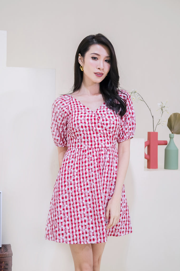 Kaisha Gingham Broidery Dress Romper - Red [XS/S/M/L/XL]