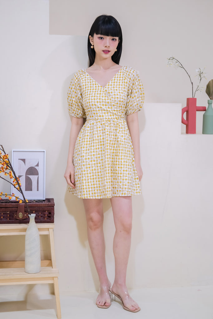 Kaisha Gingham Broidery Dress Romper - Yellow [XS/S/M/L/XL]