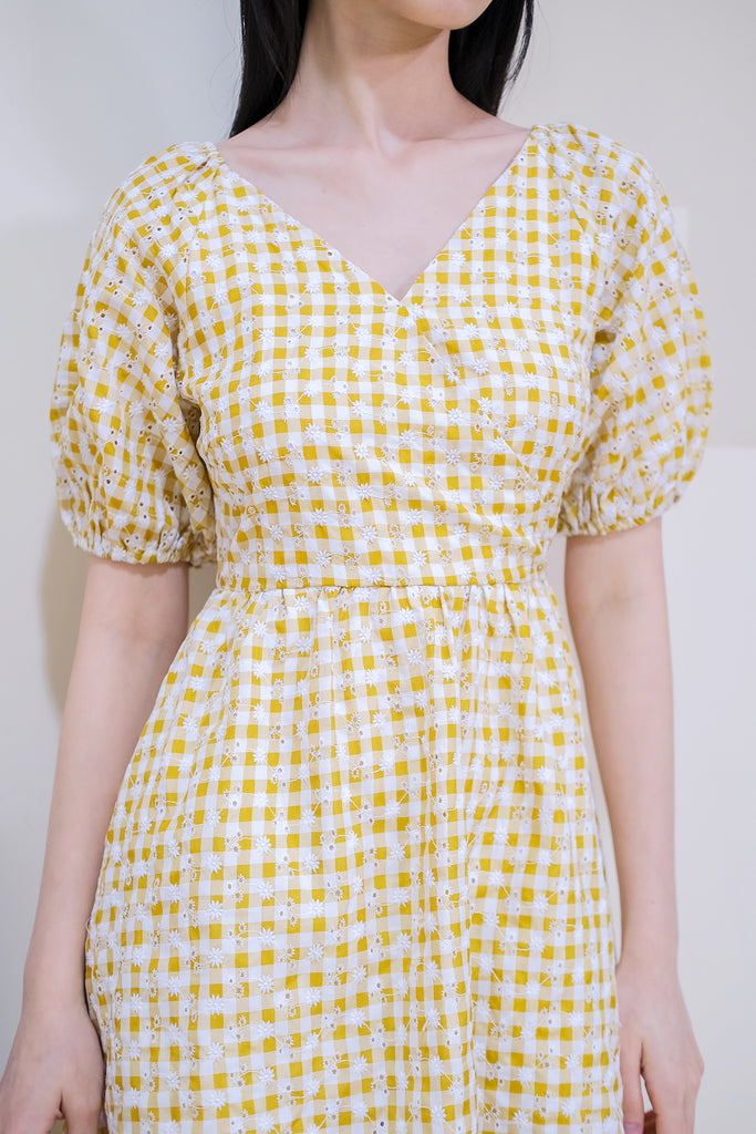 Kaisha Gingham Broidery Dress Romper - Yellow [XS/S/M/L/XL]