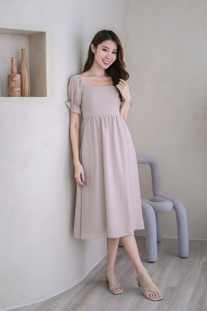 Duchess Puffy Sleeves Midi Dress - Nude Sand [XS/S/M/L/XL]