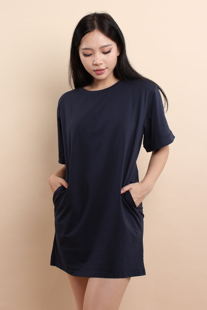 Stay Home Comfy T-shirt Dress - Navy  [M/L/XL]