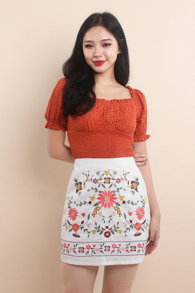 Lalisa Broderie Smocked Top - Burnt Orange [XS/S/M/L/XL]