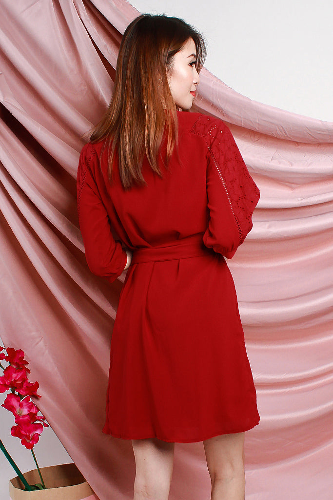 Isabelle Crochet Sleeved Wrap Dress - Maroon [XS/S/M/L/XL]
