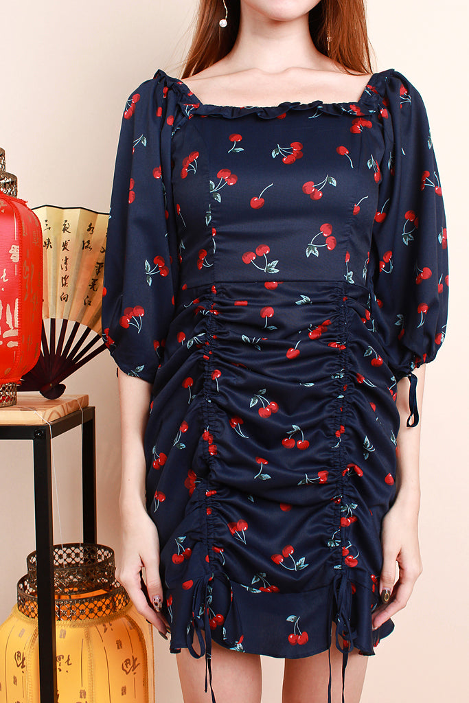 Dior Cherry Print Ruche Dress - Navy [XS/S/M/L/XL]