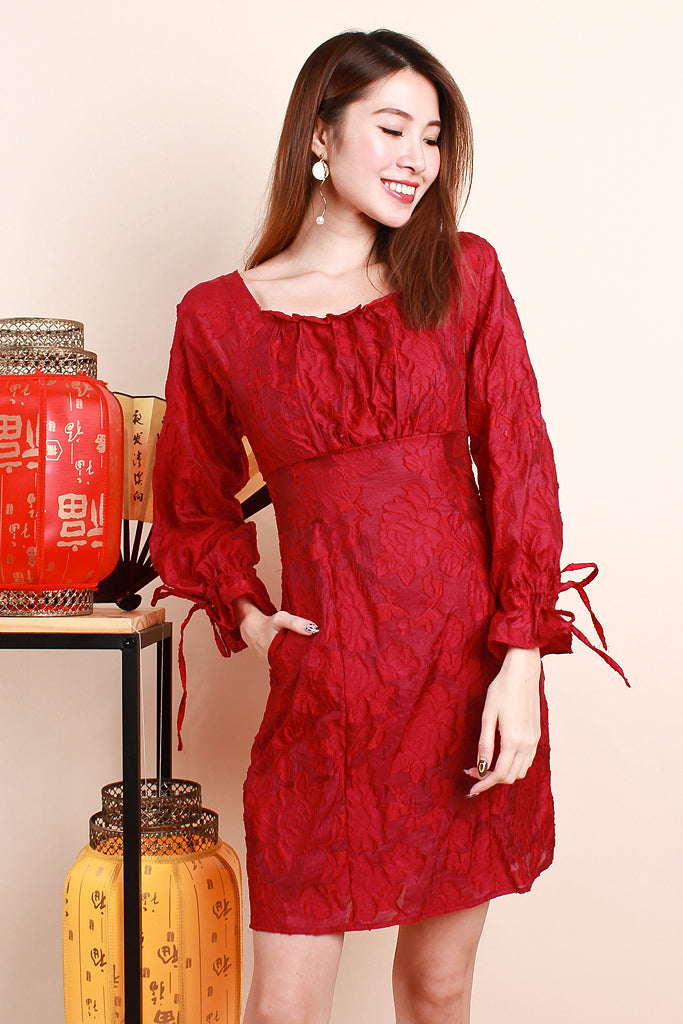Li Ruffle Emboss Lace Dress - Wine [S/M/L/XL]