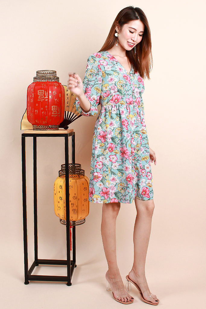 Corey Floral Print Sleeved Dress - Sky [S/M/L/XL]