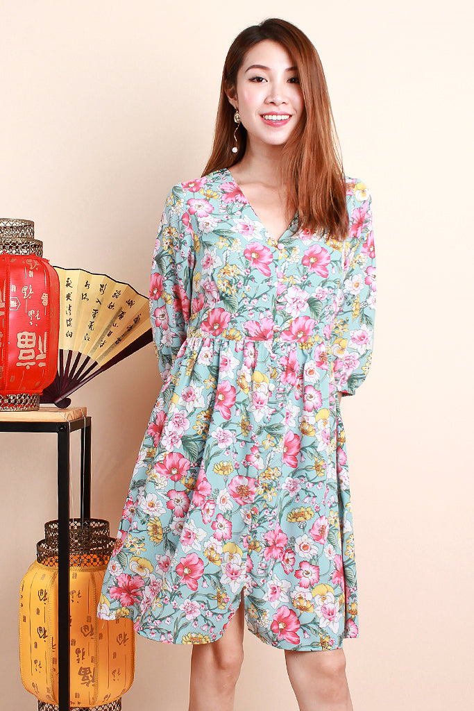 Corey Floral Print Sleeved Dress - Sky [S/M/L/XL]