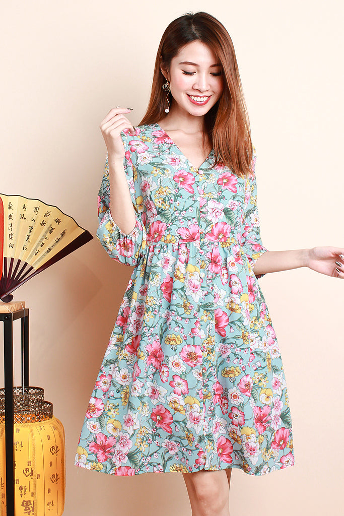 Corey Floral Print Sleeved Dress - Sky [S/M/L/XL]