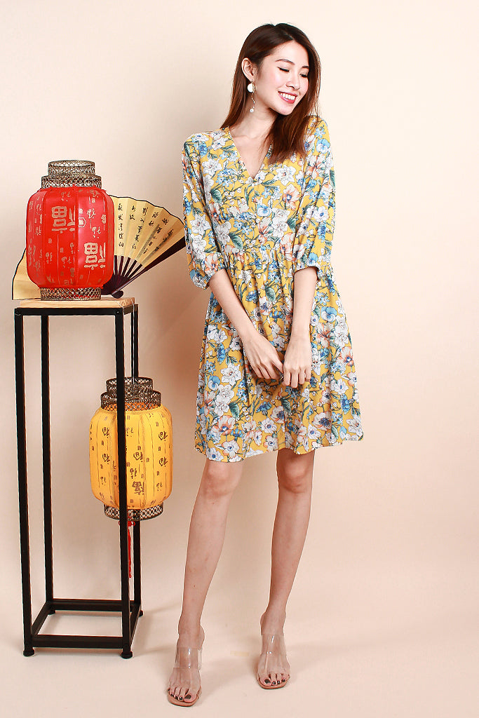 Corey Floral Print Sleeved Dress - Yellow [S/M/L/XL]