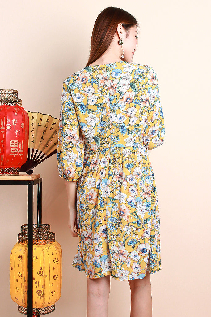 Corey Floral Print Sleeved Dress - Yellow [S/M/L/XL]