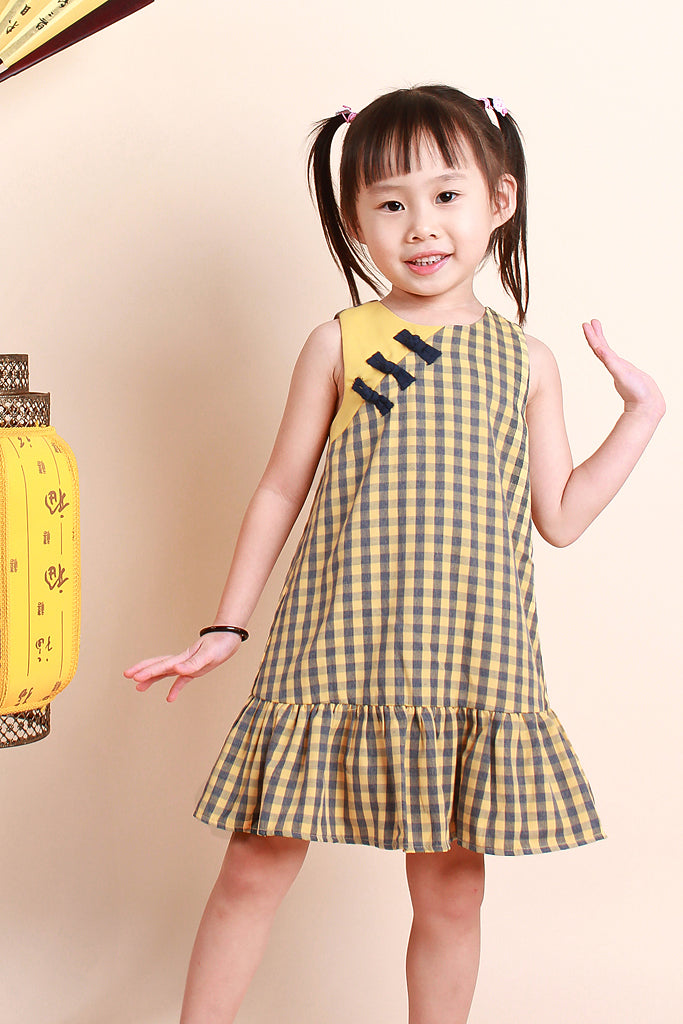 Juan Kids Plaid Oriental Dress - Yellow / Navy [12M/18M/2Y/3Y/4Y/5Y/6Y]