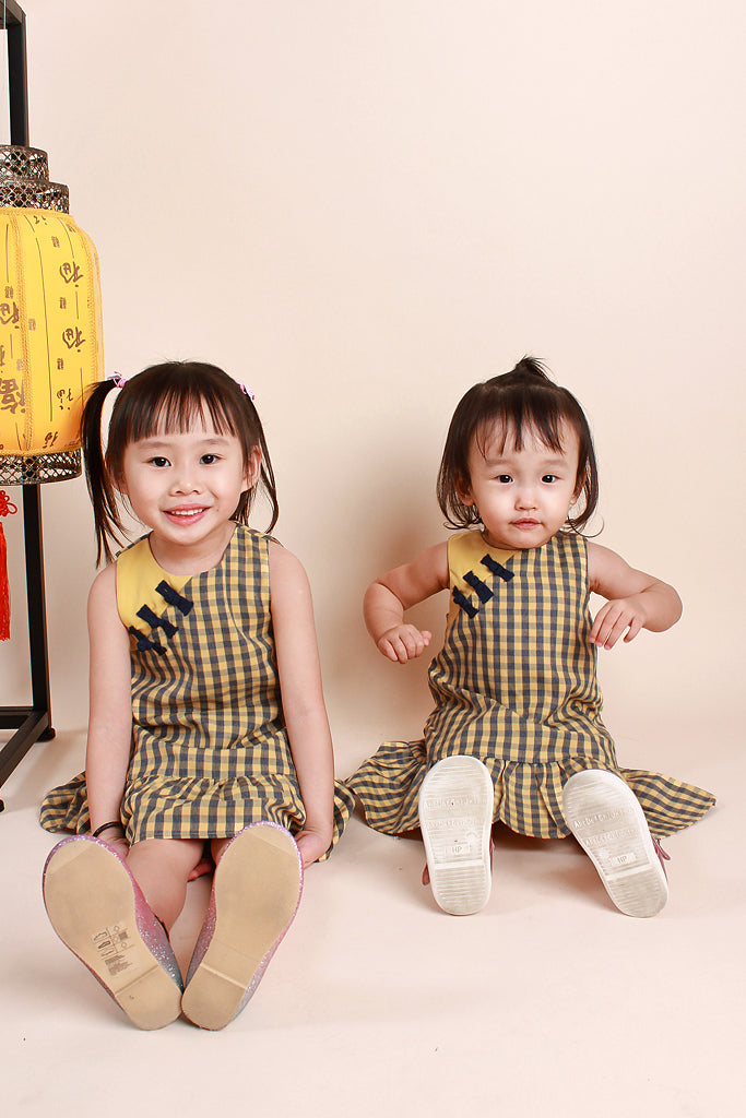 Juan Kids Plaid Oriental Dress - Yellow / Navy [12M/18M/2Y/3Y/4Y/5Y/6Y]